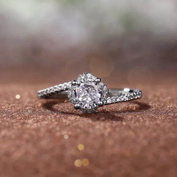 💍Beautiful CZ Diamond Twisted Macro Pave Silver Pure Flower Wedding Ring, K844